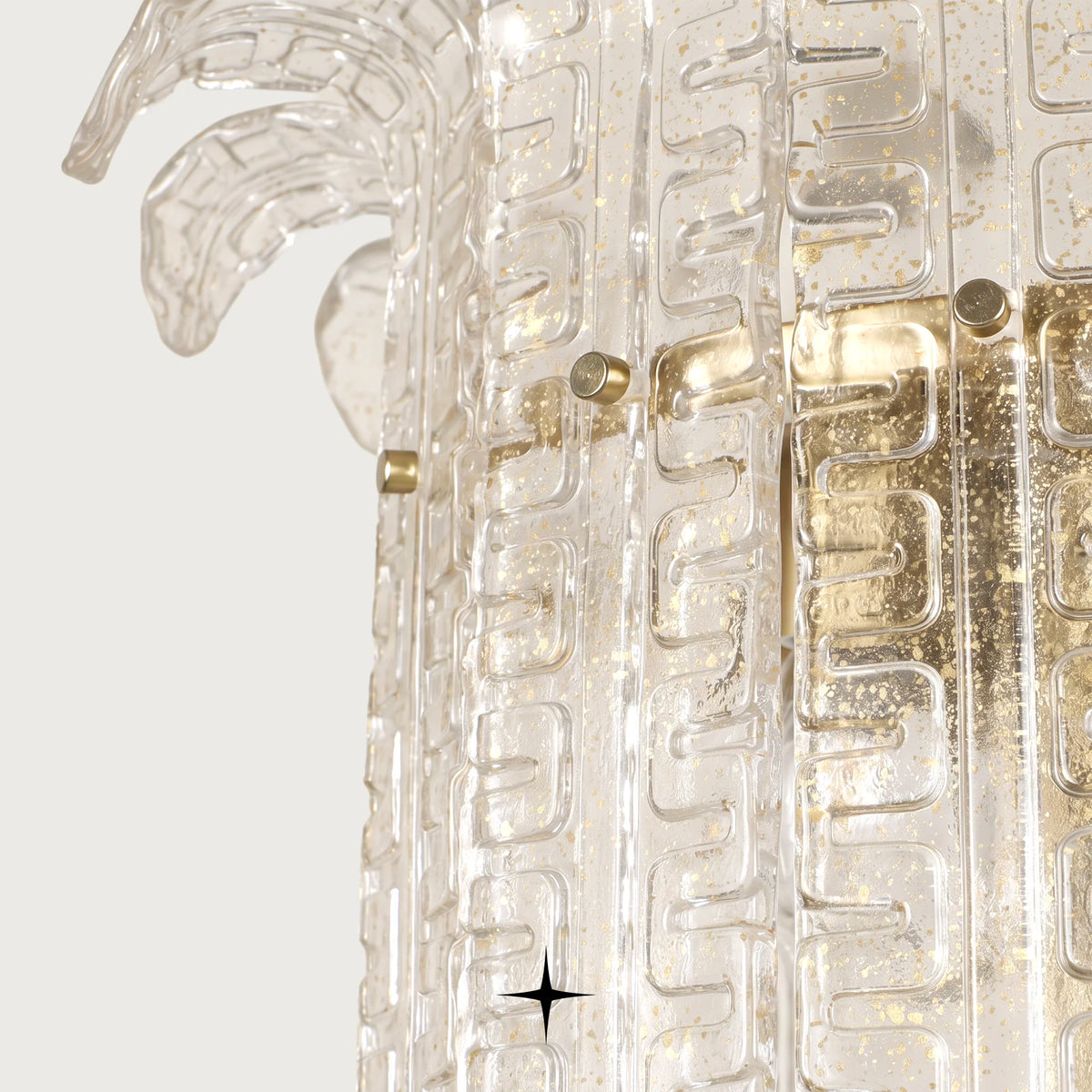 Close-up side detail of handcrafted crystal glass leaves on Lavish Montreal grand chandelier
