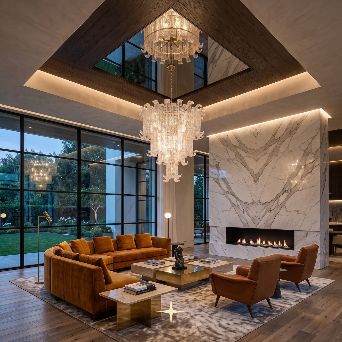 Lavish Montreal tall crystal chandelier installed in luxurious double-height living room
