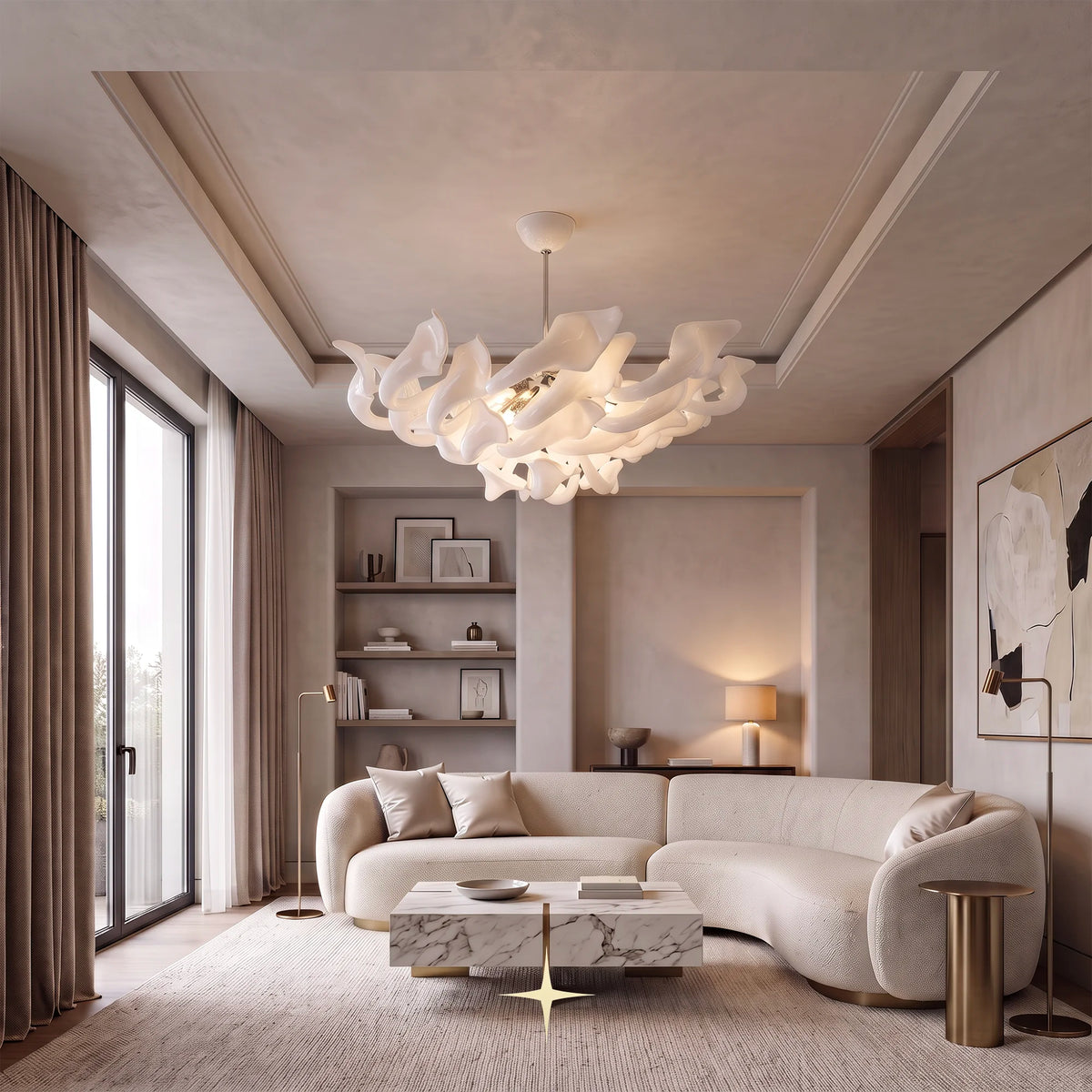 Lavish Naria Chandelier featuring chic elongated white crystal arms in multi-tier configurations
