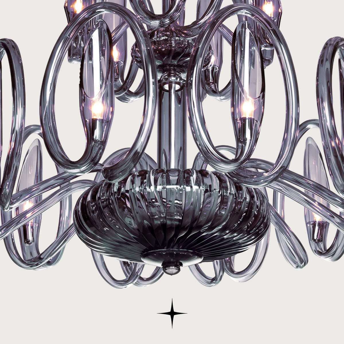 Lavish Oasis Chandelier featuring multi-tiered smoky crystal glass rings and elegant curved arms
