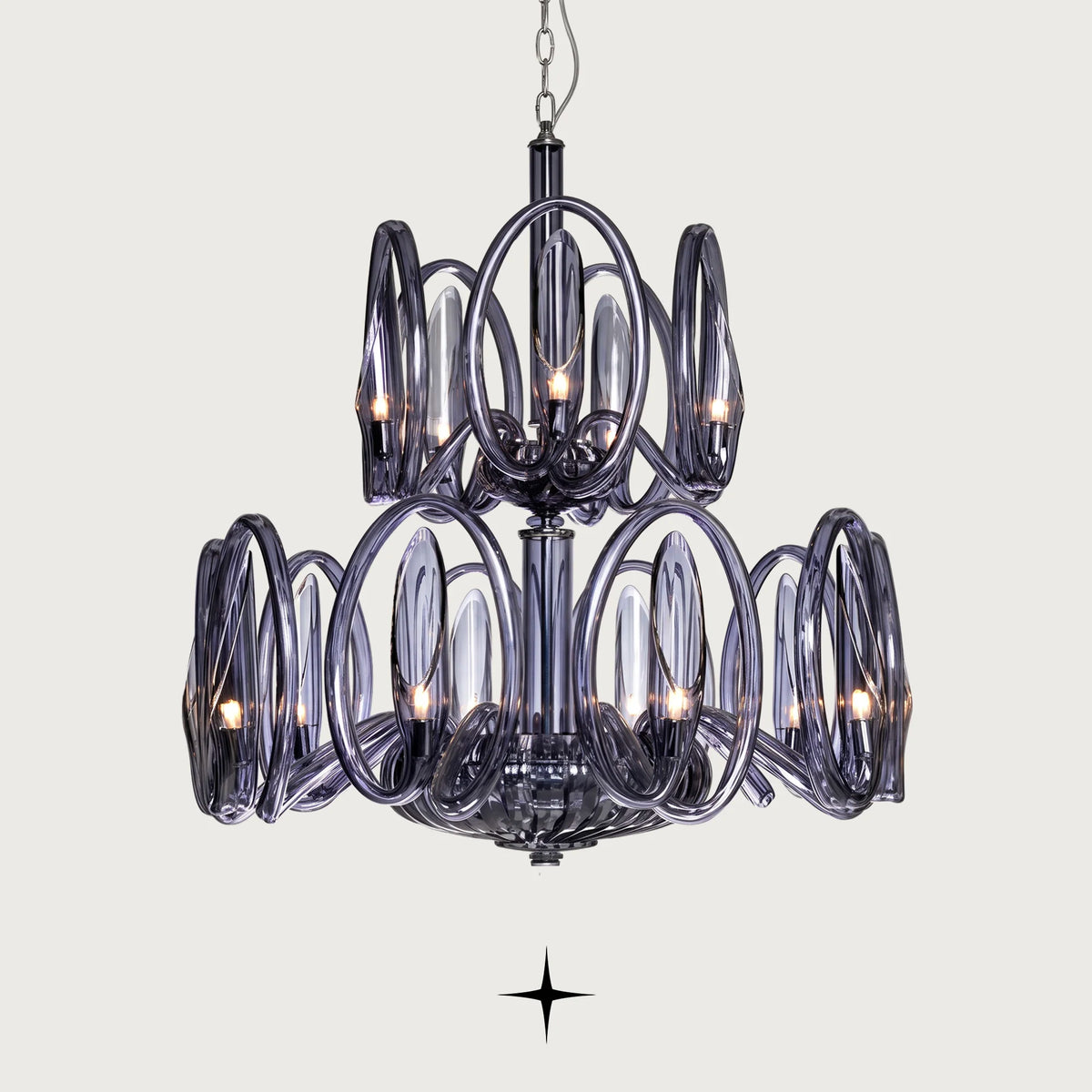 Lavish Oasis Chandelier featuring multi-tiered smoky crystal glass rings and elegant curved arms
