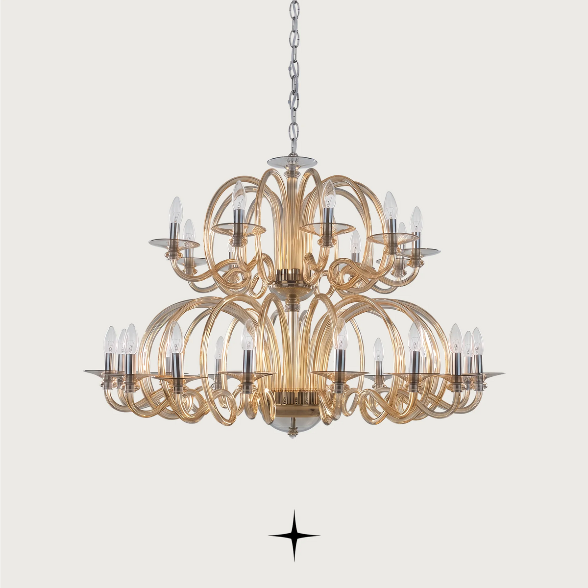 Lavish Sarah Chandelier featuring exquisite elongated crystal arms available in four chandelier sizes.
