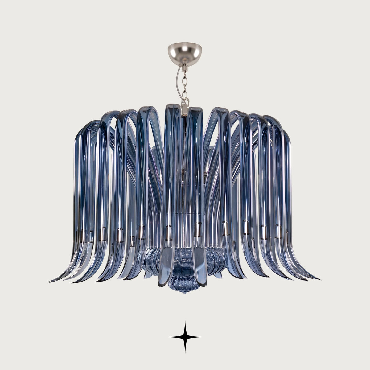 Lavish Shanon Chandelier featuring vibrant blue handcrafted crystal glass wings cascading downwards
