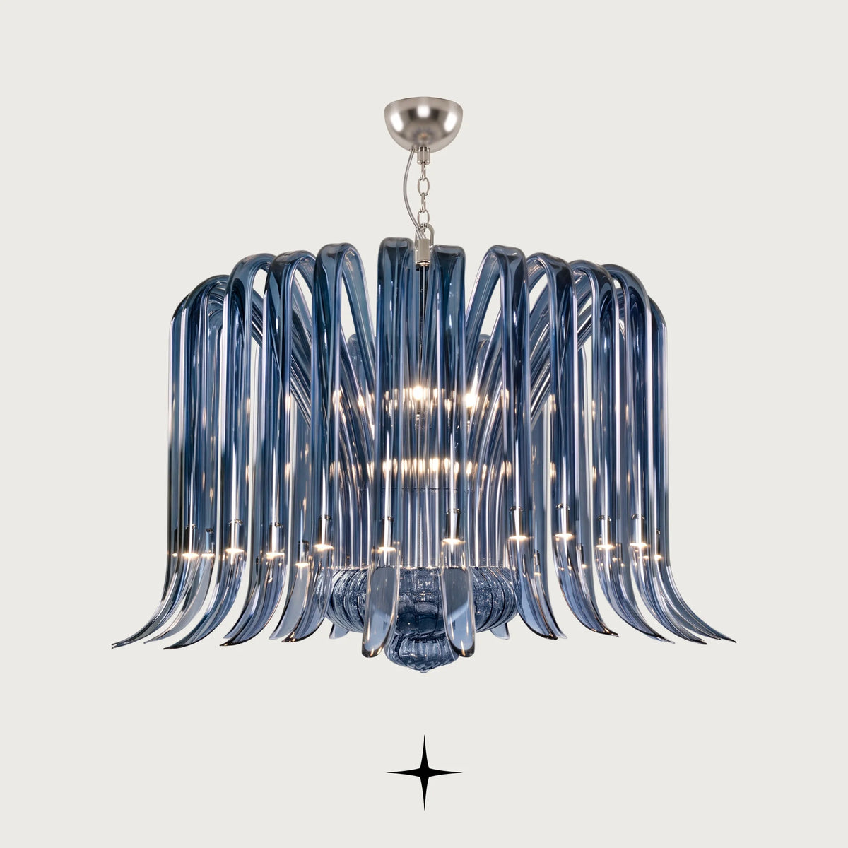 Lavish Shanon Chandelier featuring vibrant blue handcrafted crystal glass wings cascading downwards
