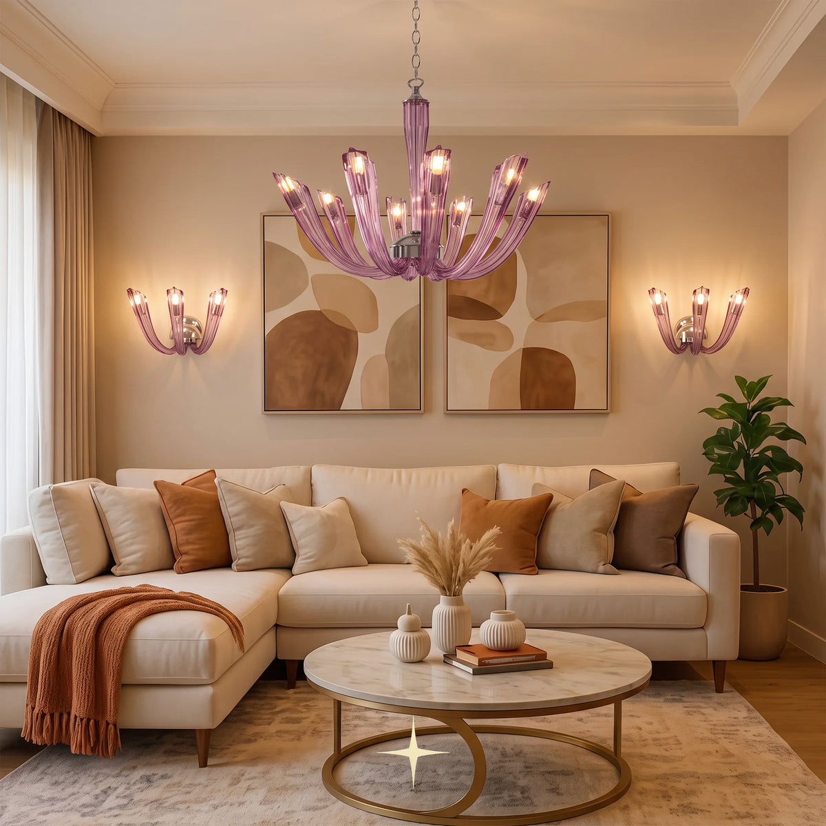 Sienna Chandelier featuring chic elongated crystal arms in a stunning luxury purple finish
