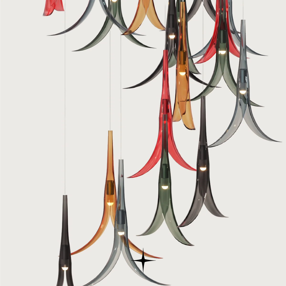 Ceiling mount canopy view and hanging drop-down floral crystal elements of Lavish Solomon chandelier

