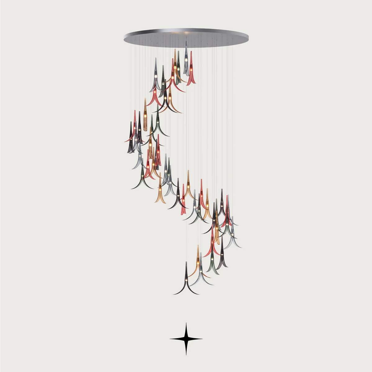 Ceiling mount canopy view and hanging drop-down floral crystal elements of Lavish Solomon chandelier
