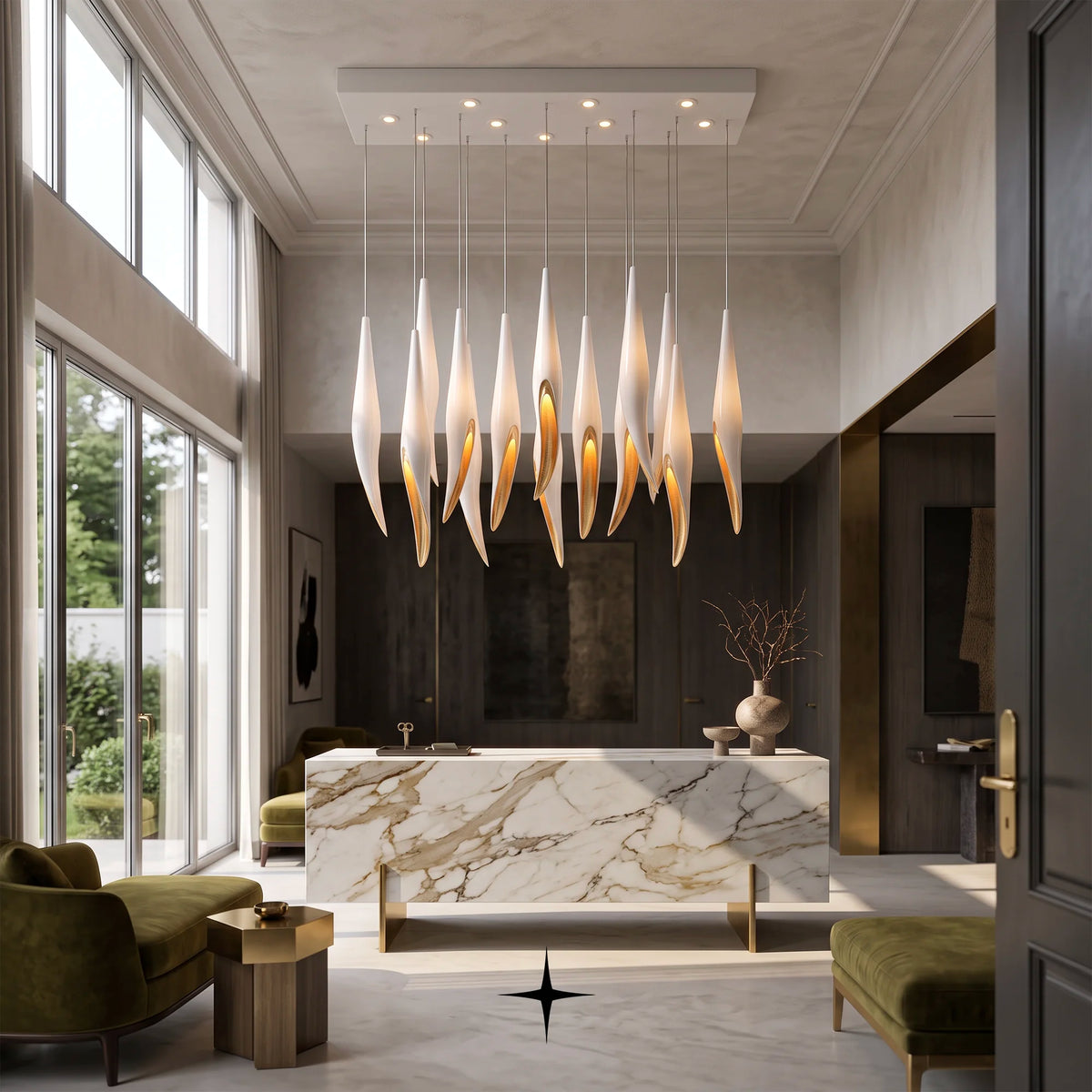 Linear Bella chandelier featuring cascading white flowers adorned with a brilliant heart of gold

