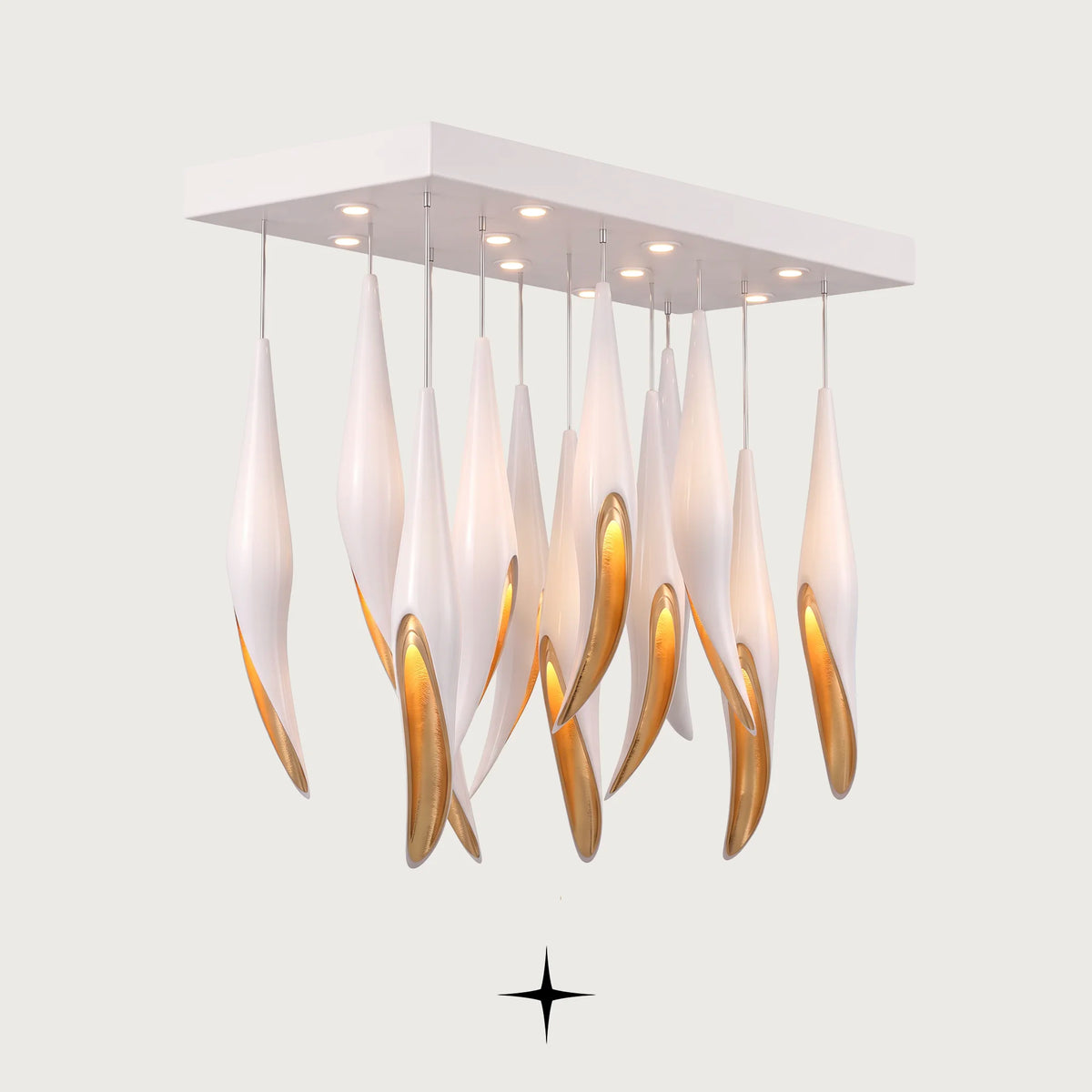Linear Bella chandelier featuring cascading white flowers adorned with a brilliant heart of gold
