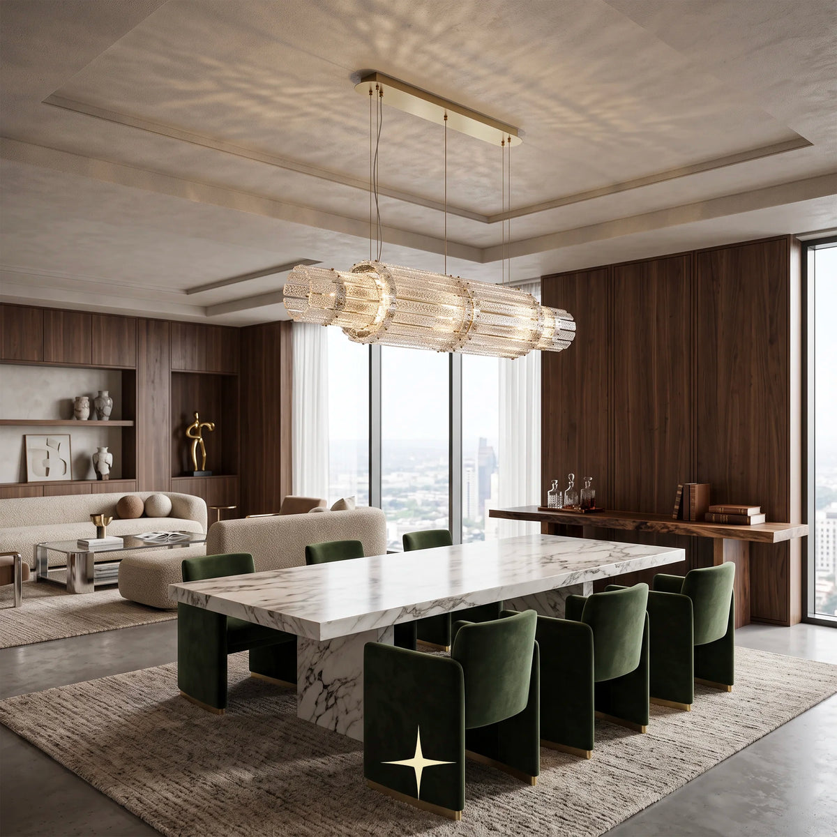 Linear Chime crystal chandelier installed above a dining table in a modern interior
