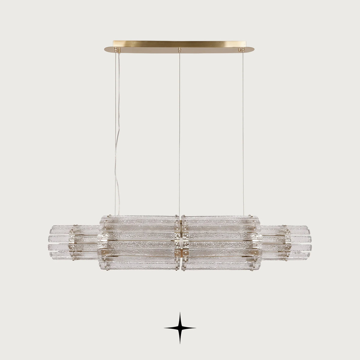 Linear Chime crystal chandelier with brass hardware and suspension cables

