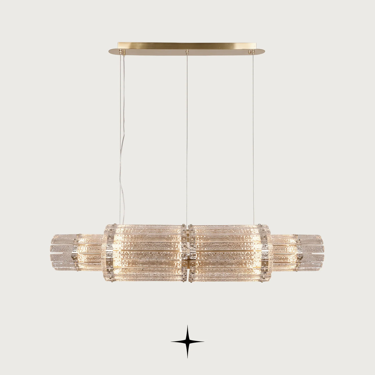 Linear Chime crystal chandelier with brass hardware and suspension cables
