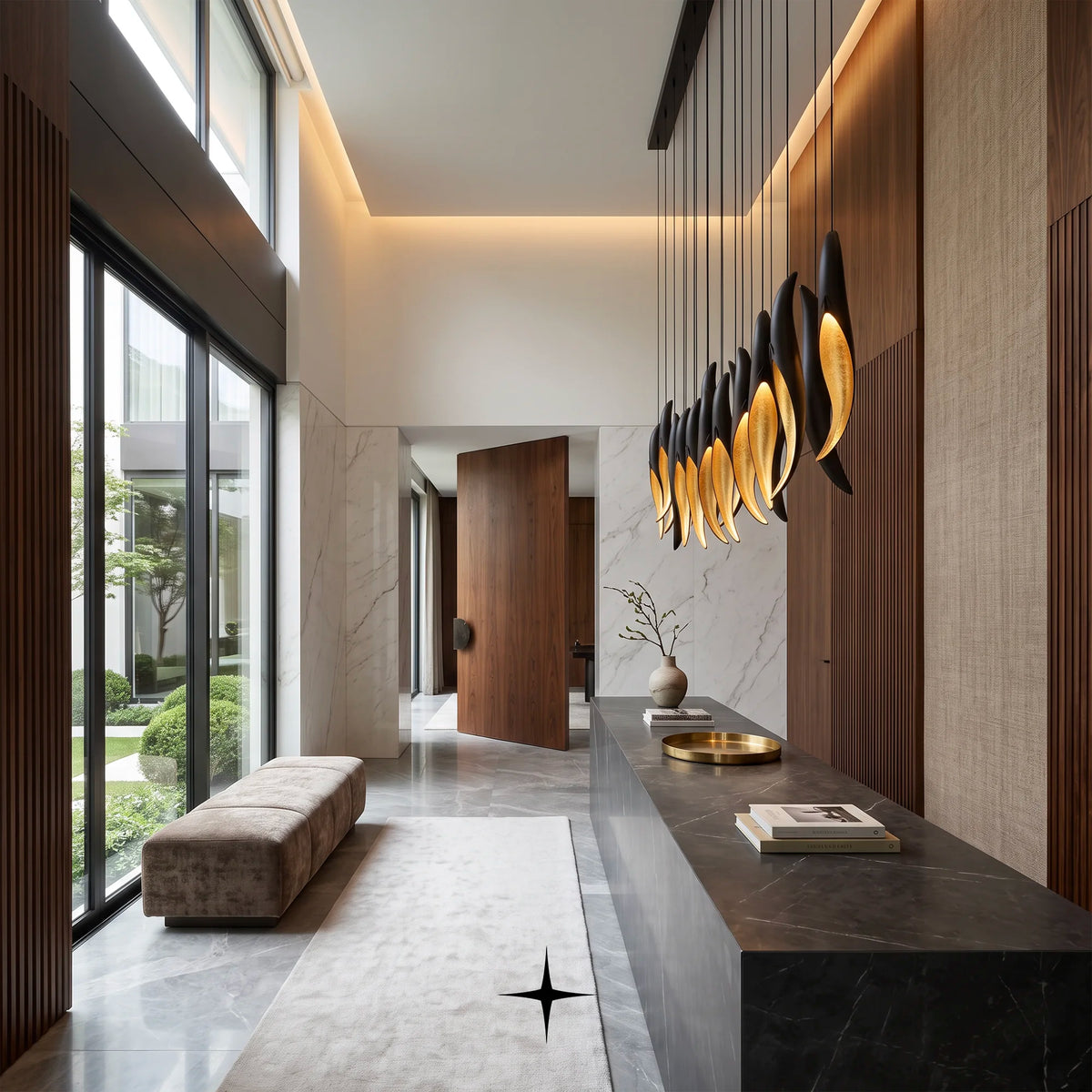 Linear Darken chandelier featuring a matte black layer over golden crystals and striking contrast
