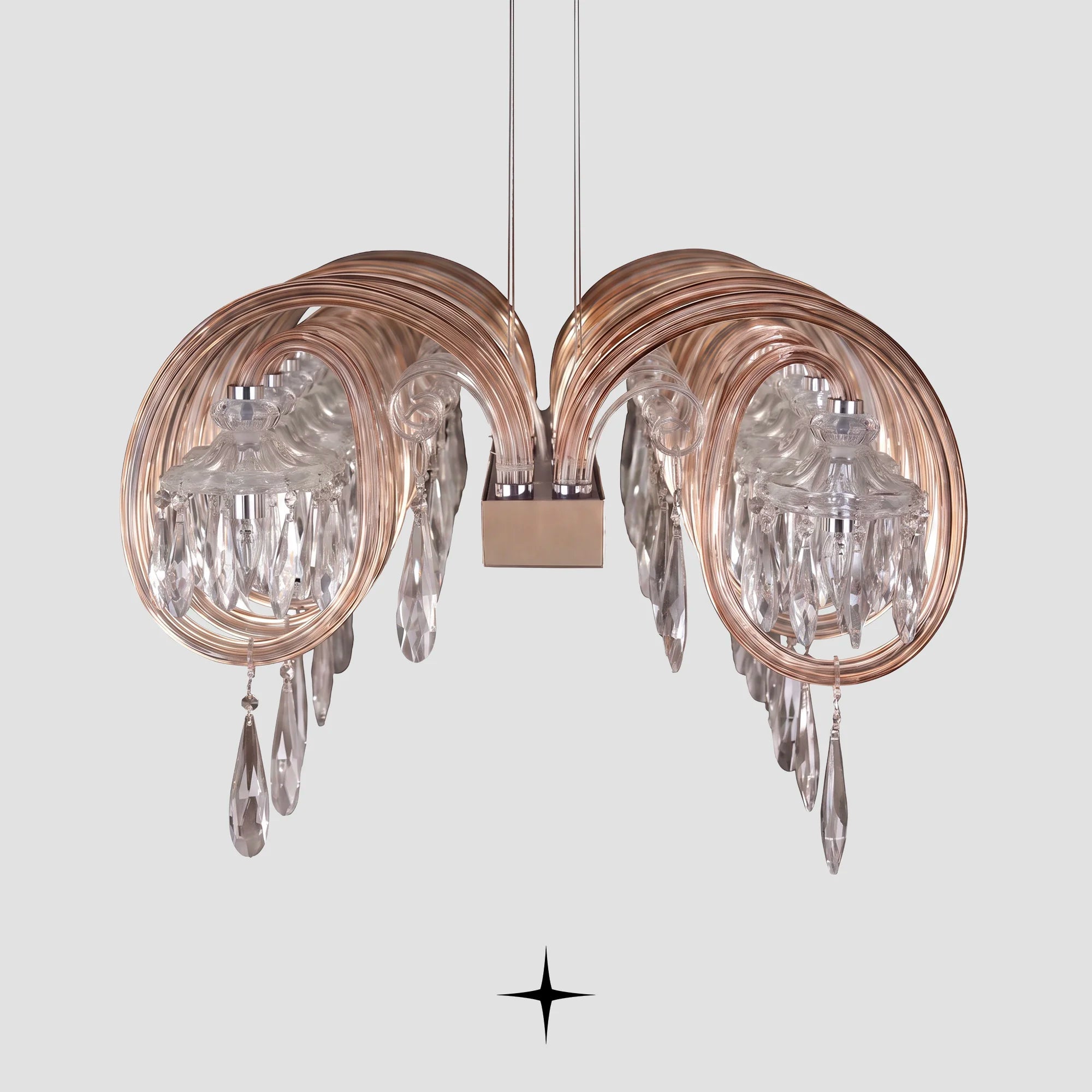 Side view detail of Linear Elegance circular crystal rings and glass globes on light grey background