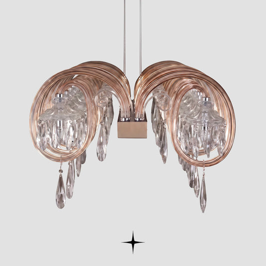 Side view detail of Linear Elegance circular crystal rings and glass globes on light grey background