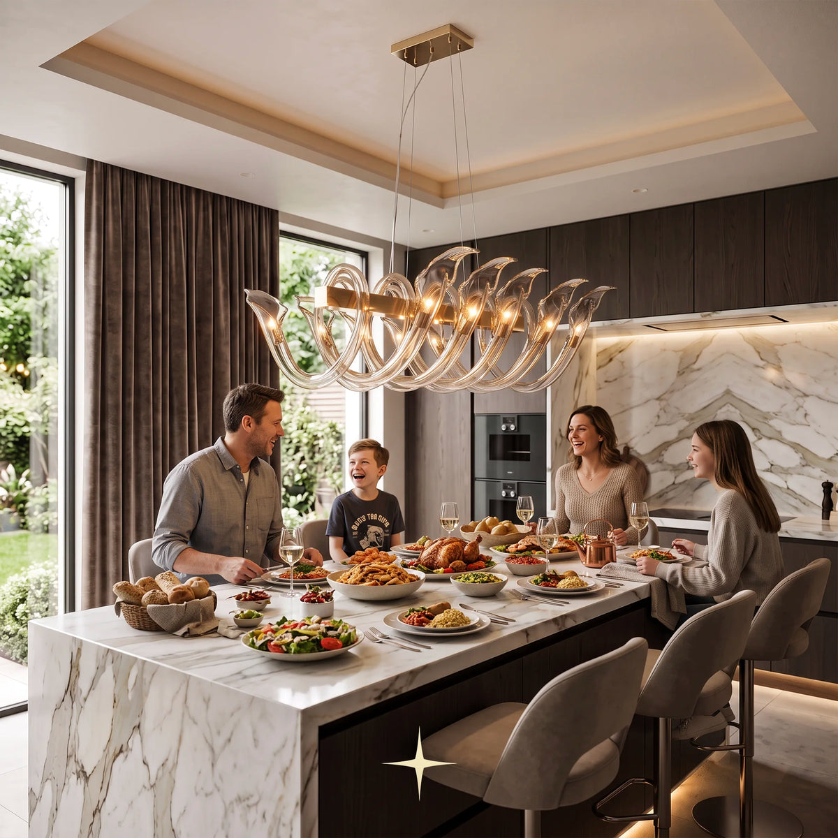 Linear Enchantment chandelier featuring one-of-a-kind amber crystal craftsmanship and elegant curves
