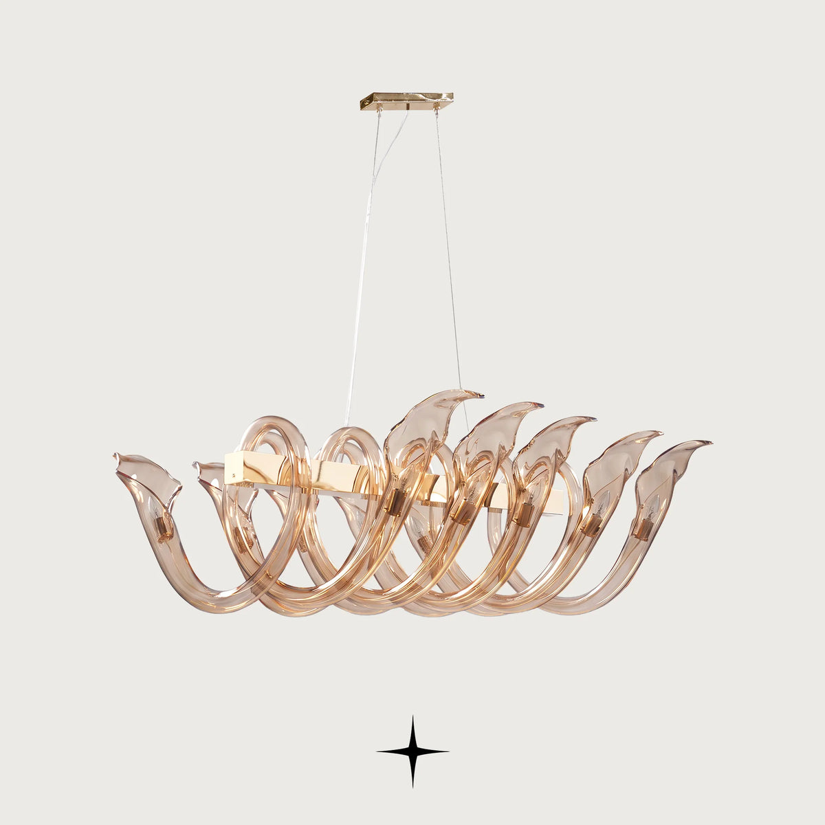Linear Enchantment chandelier featuring one-of-a-kind amber crystal craftsmanship and elegant curves
