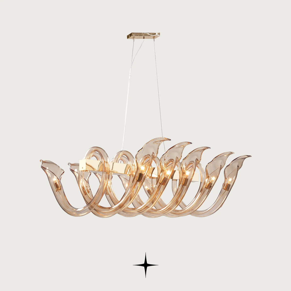 Linear Enchantment chandelier featuring one-of-a-kind amber crystal craftsmanship and elegant curves
