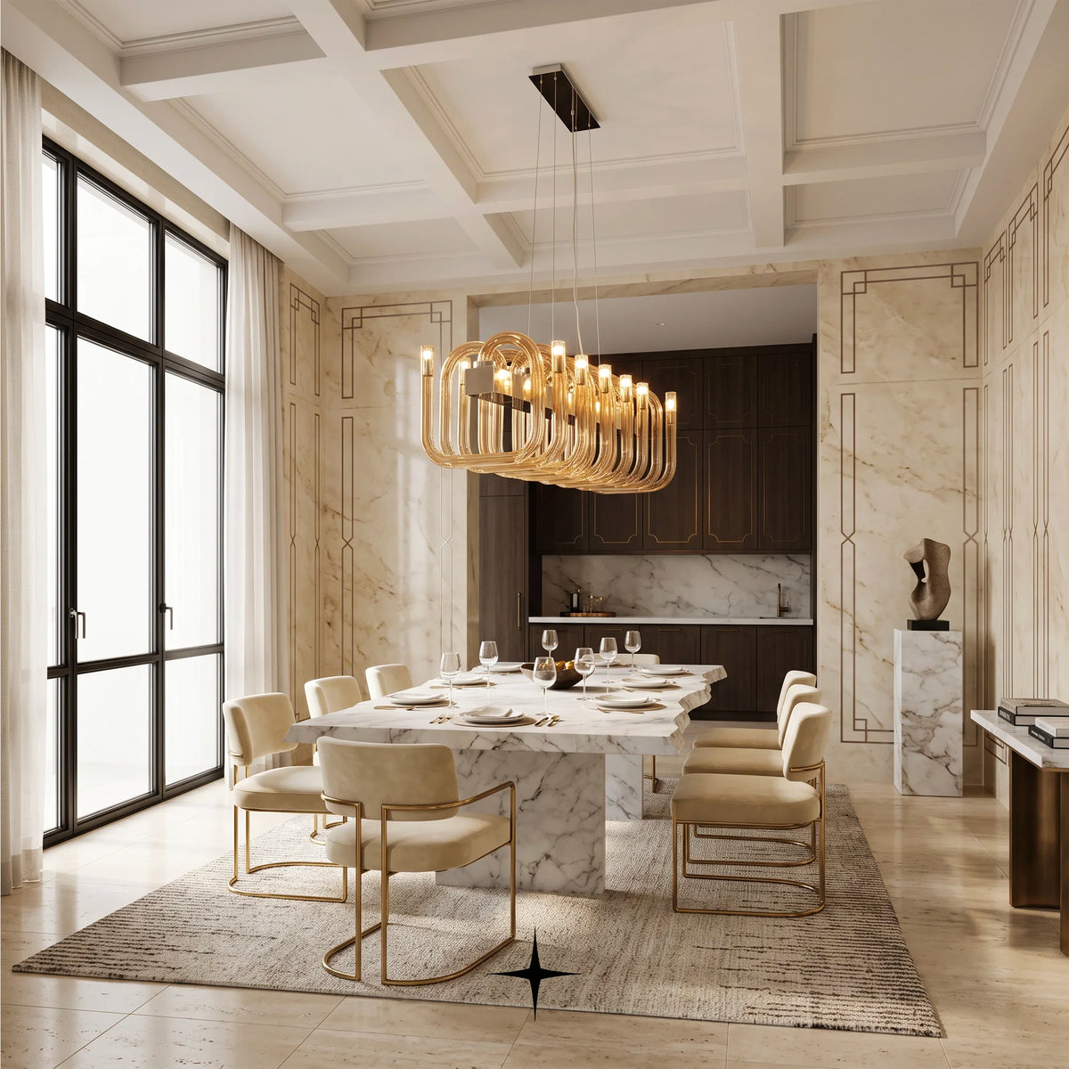 Linear Fantasia chandelier featuring geometric arms fashioned from luxurious Bohemian crystal
