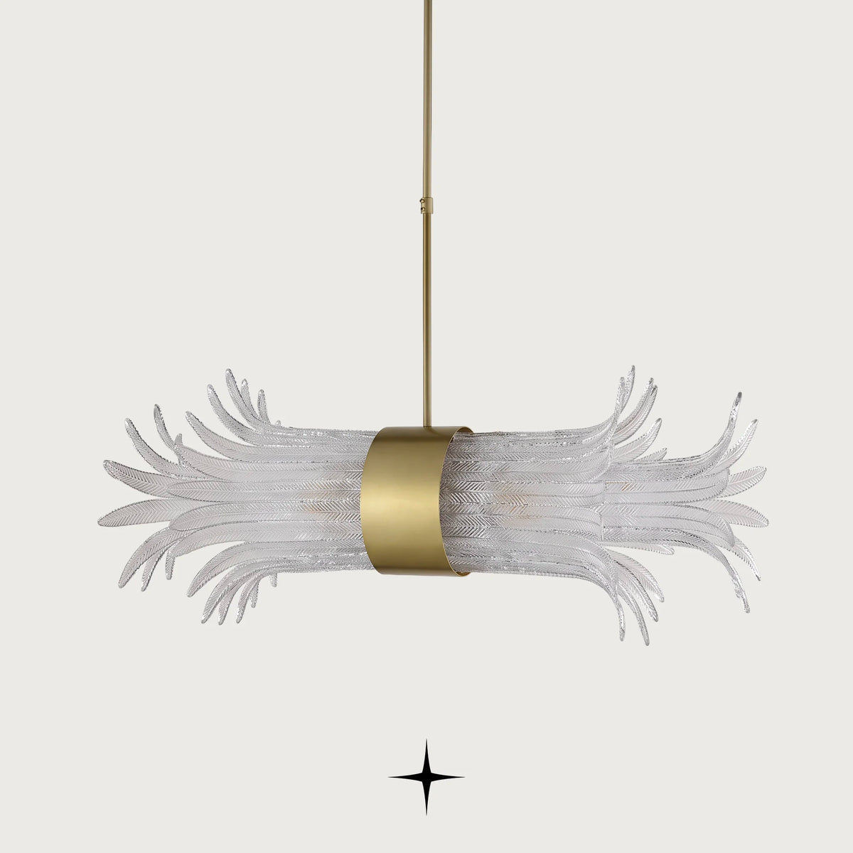 Linear Golden Falls chandelier with hand-blown glass feather diffusers and brass ring centerpiece
