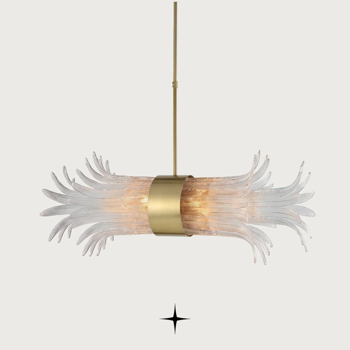 Linear Golden Falls chandelier with hand-blown glass feather diffusers and brass ring centerpiece
