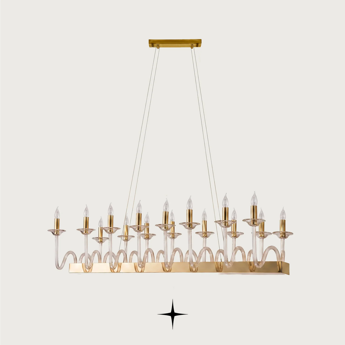 Linear Harmony Crystal Chandelier featuring a rectangular candelabra silhouette, fine Bohemian crystal, and fluid curved glass arms.
