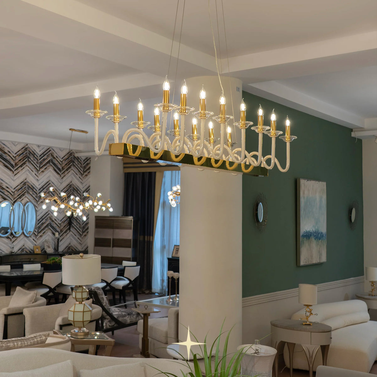 Linear Harmony crystal chandelier suspended over a modern luxury dining space