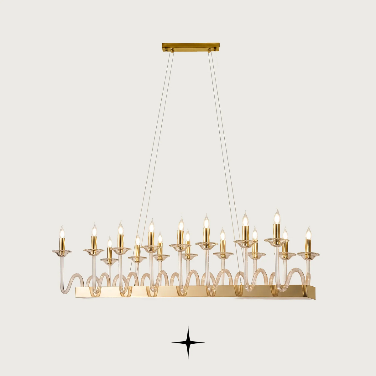 Linear Harmony Crystal Chandelier featuring a rectangular candelabra silhouette, fine Bohemian crystal, and fluid curved glass arms.
