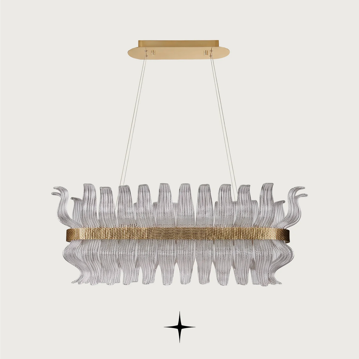 Linear Helena chandelier featuring handcrafted Murano glass leaves and gold frame on black background