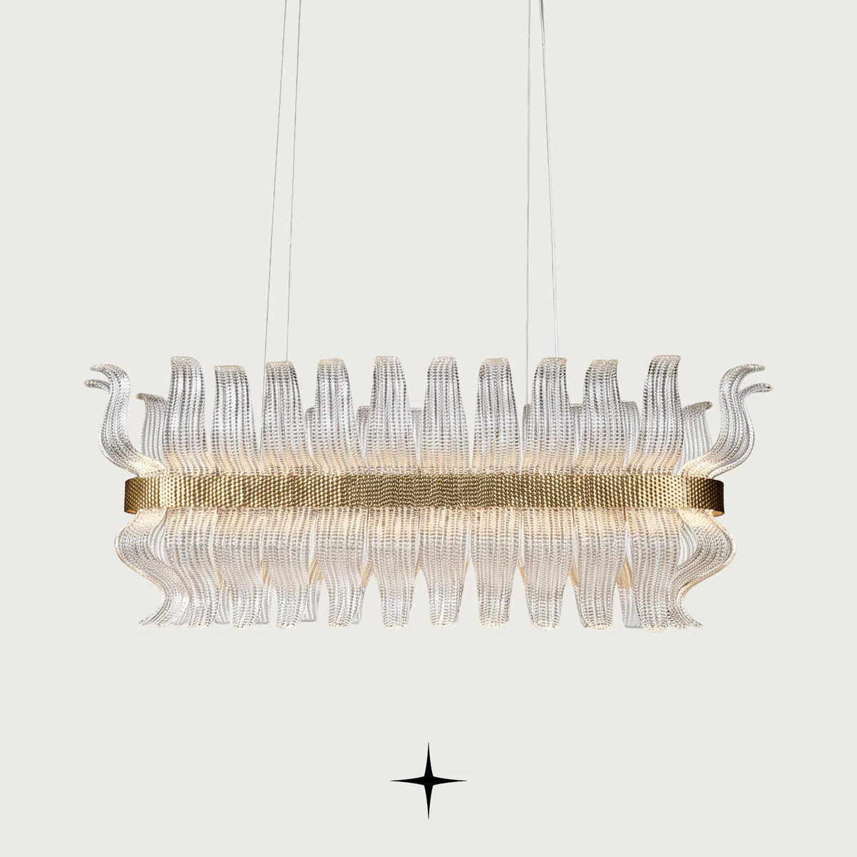 Linear Helena chandelier featuring handcrafted Murano glass leaves and gold frame on black background