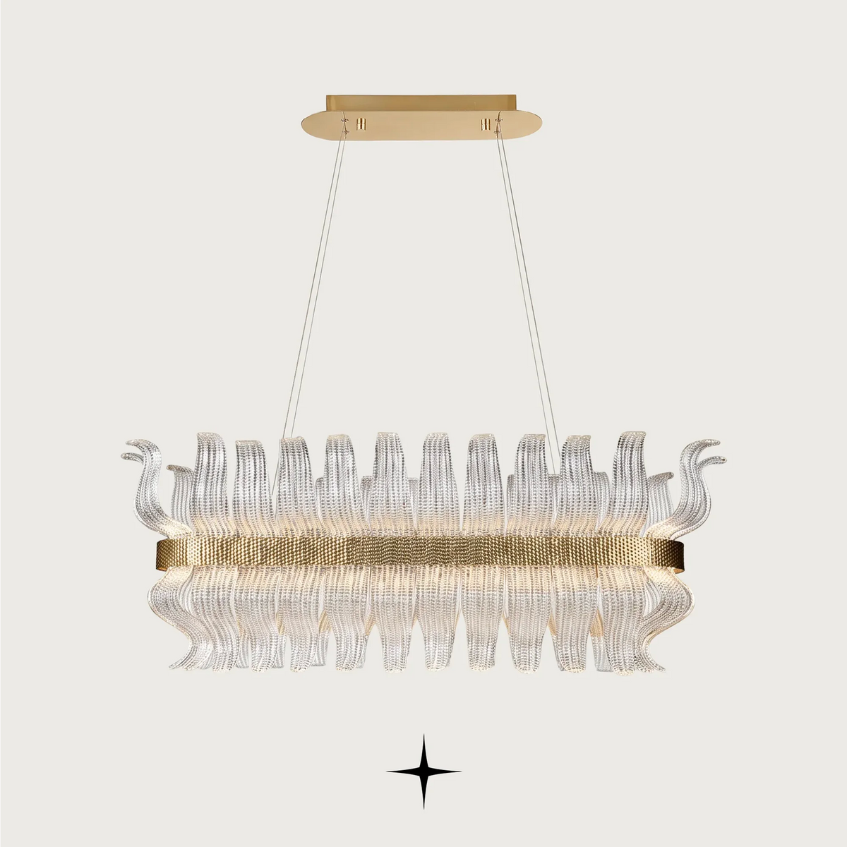 Linear Helena chandelier featuring handcrafted Murano glass leaves and gold frame on black background