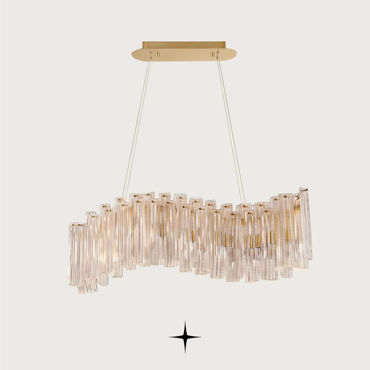 Linear Isabella crystal chandelier with gold frame and layered Murano-style glass bricks
