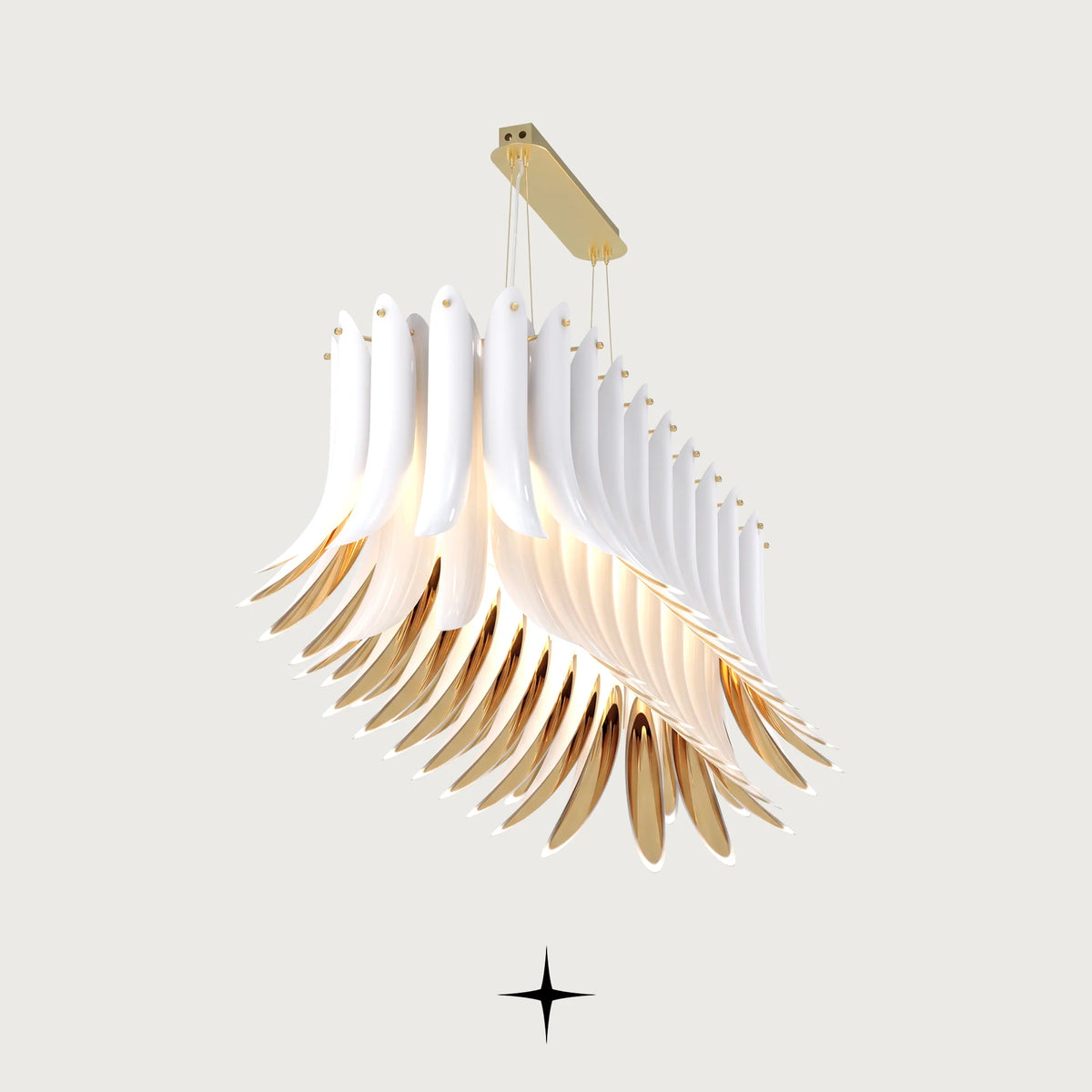 Linear Juliette chandelier featuring handcrafted crystal wings with white exteriors and golden interiors
