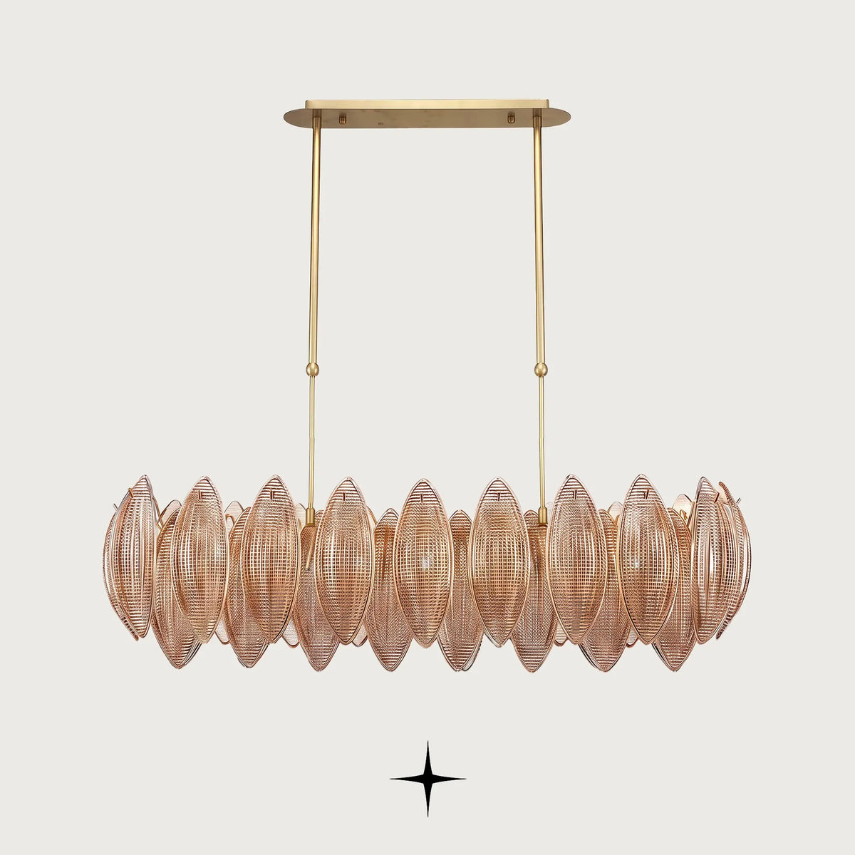 front view of Linear Lotus chandelier highlighting the textured amber glass detail
