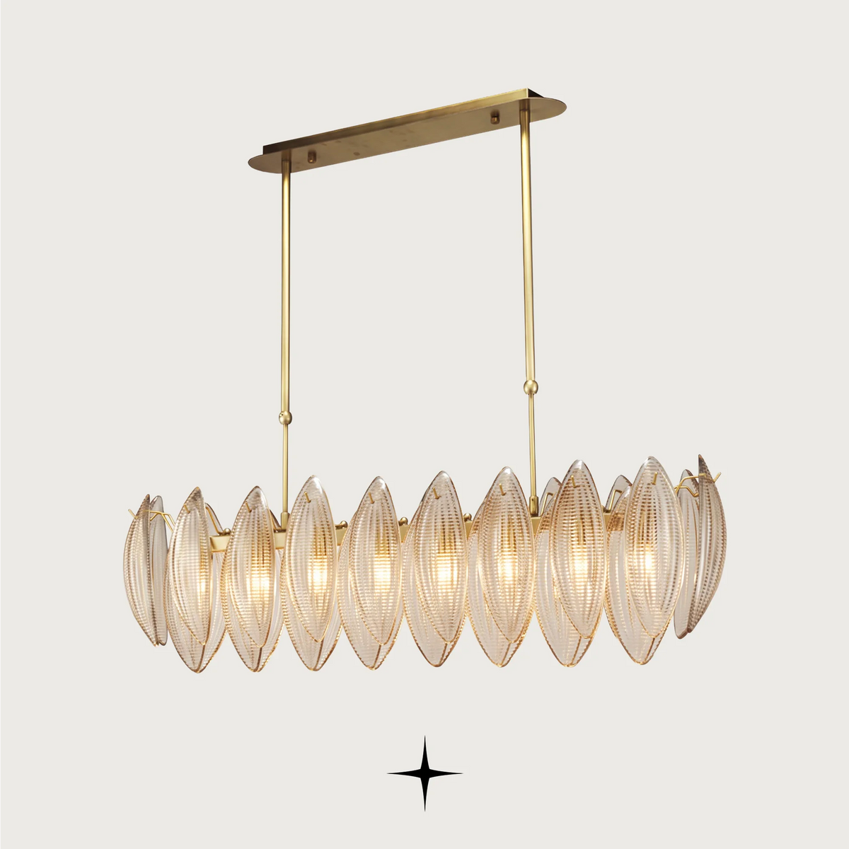 Perspective view of Linear Lotus chandelier highlighting the textured amber glass detail
