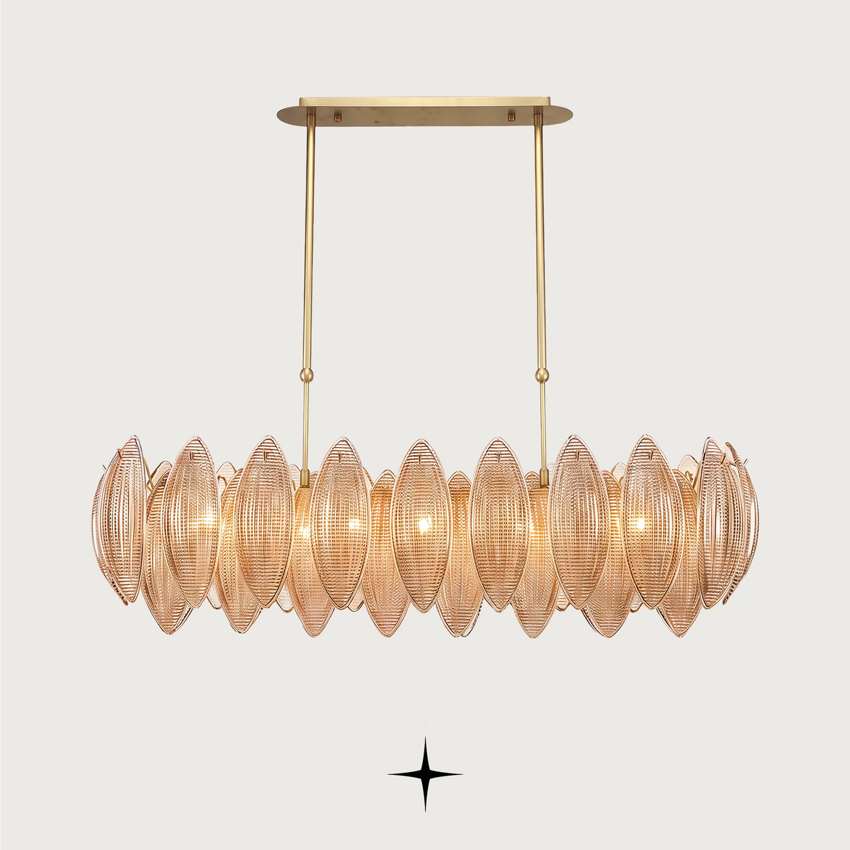 Front view of Linear Lotus island chandelier showcasing amber crystal petals and hanging rods
