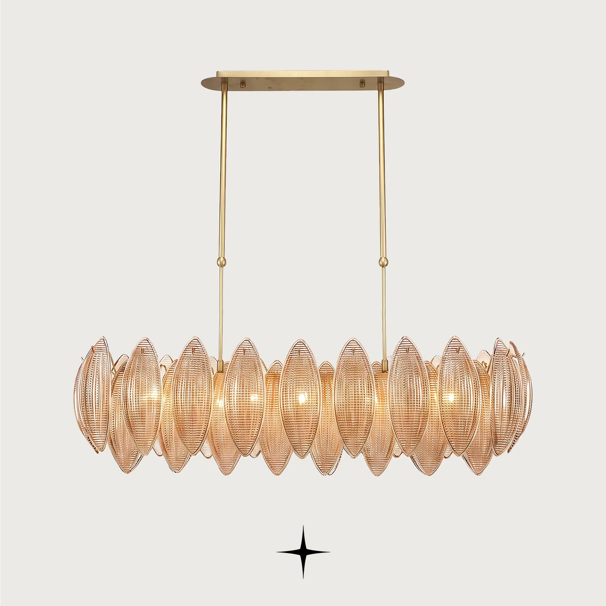 front view of Linear Lotus chandelier highlighting the textured amber glass detail
