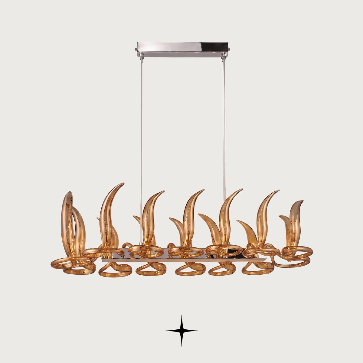 Linear Lumina chandelier featuring fiery crystal flames and vibrant orange hue in a sleek linear design
