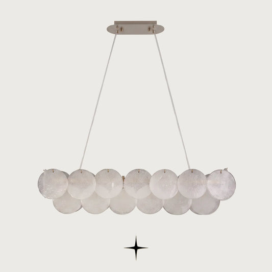 Linear Lunaria horizontal frosted glass disc chandelier on light grey background