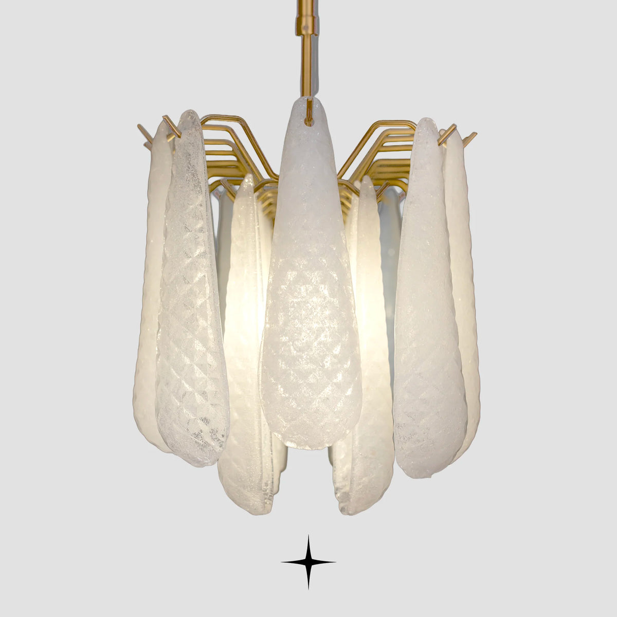 Front view of Linear Miranda horizontal glass droplet pendant fixture on light grey background