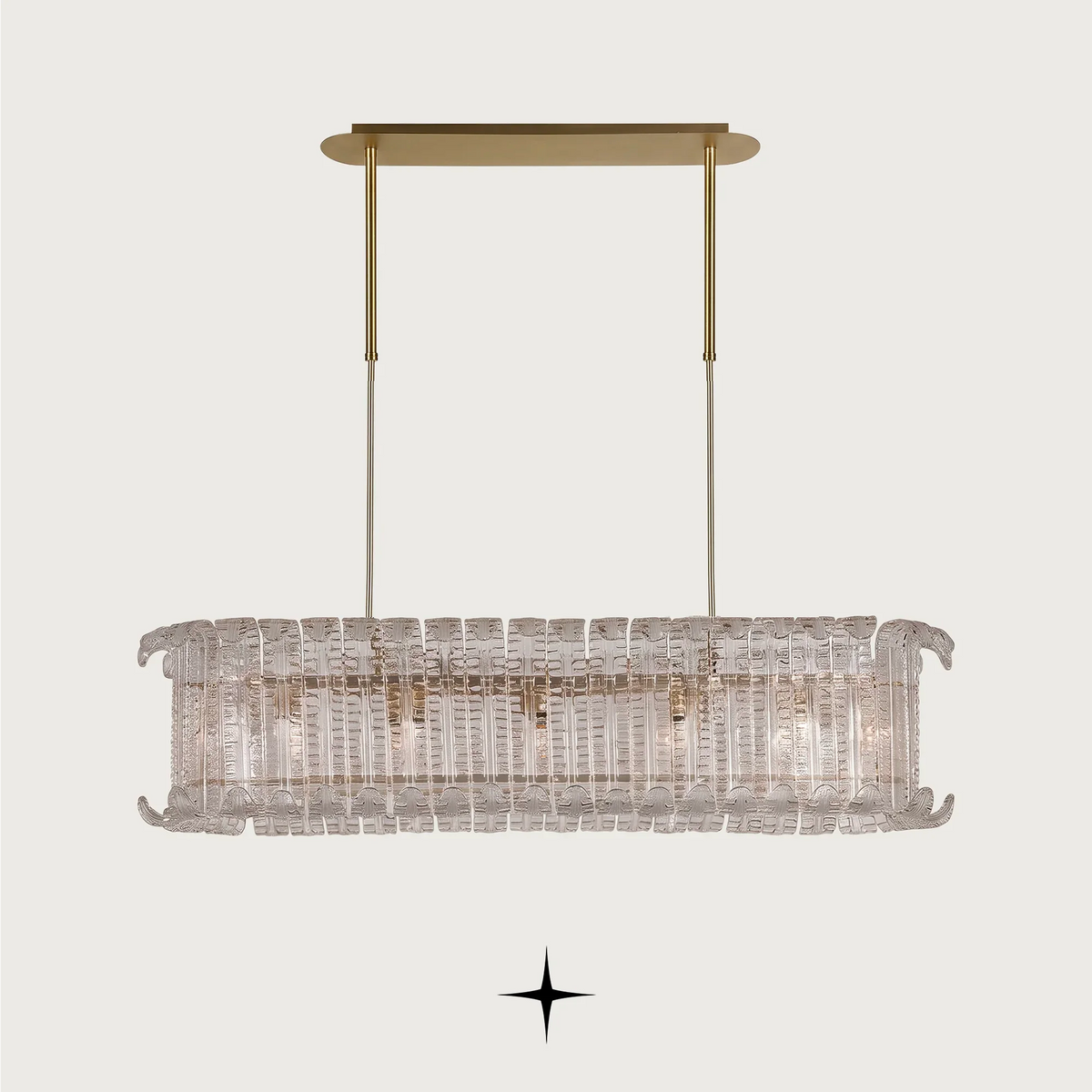 Linear Montreal modern Murano-style glass leaf chandelier with gold frame
