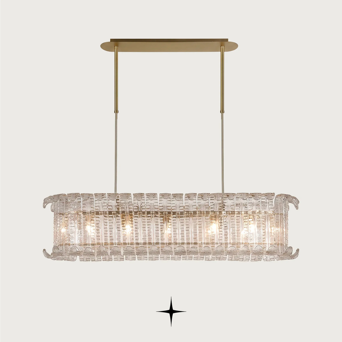 Linear Montreal modern Murano-style glass leaf chandelier with gold frame
