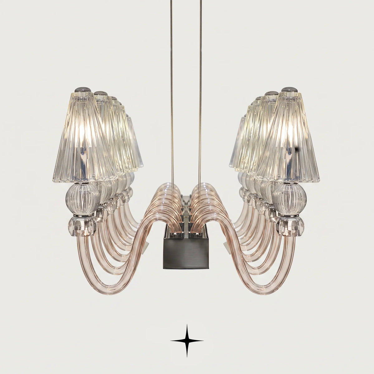 Front view of Linear Muse crystal candelabra island light on light grey backdrop