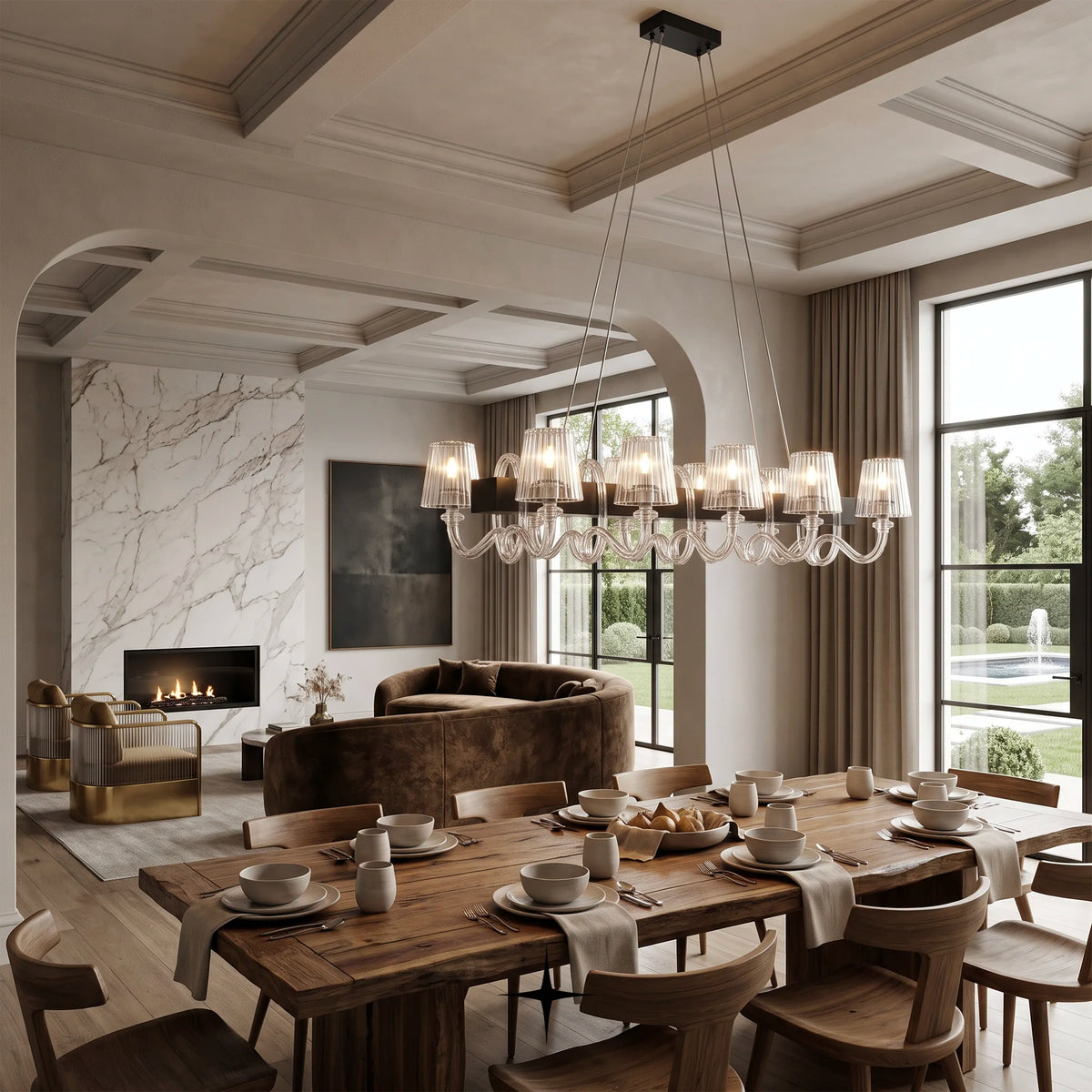 Linear Penelope chandelier featuring chic classic crystal headlamps with a contemporary twist
