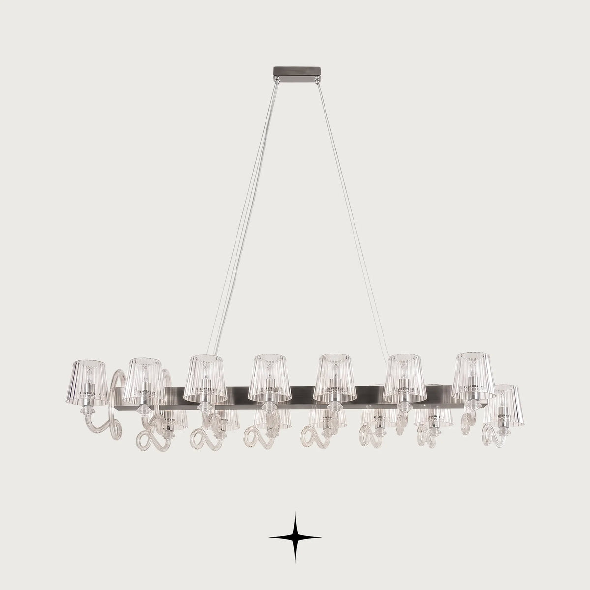 Linear Penelope chandelier featuring chic classic crystal headlamps with a contemporary twist
