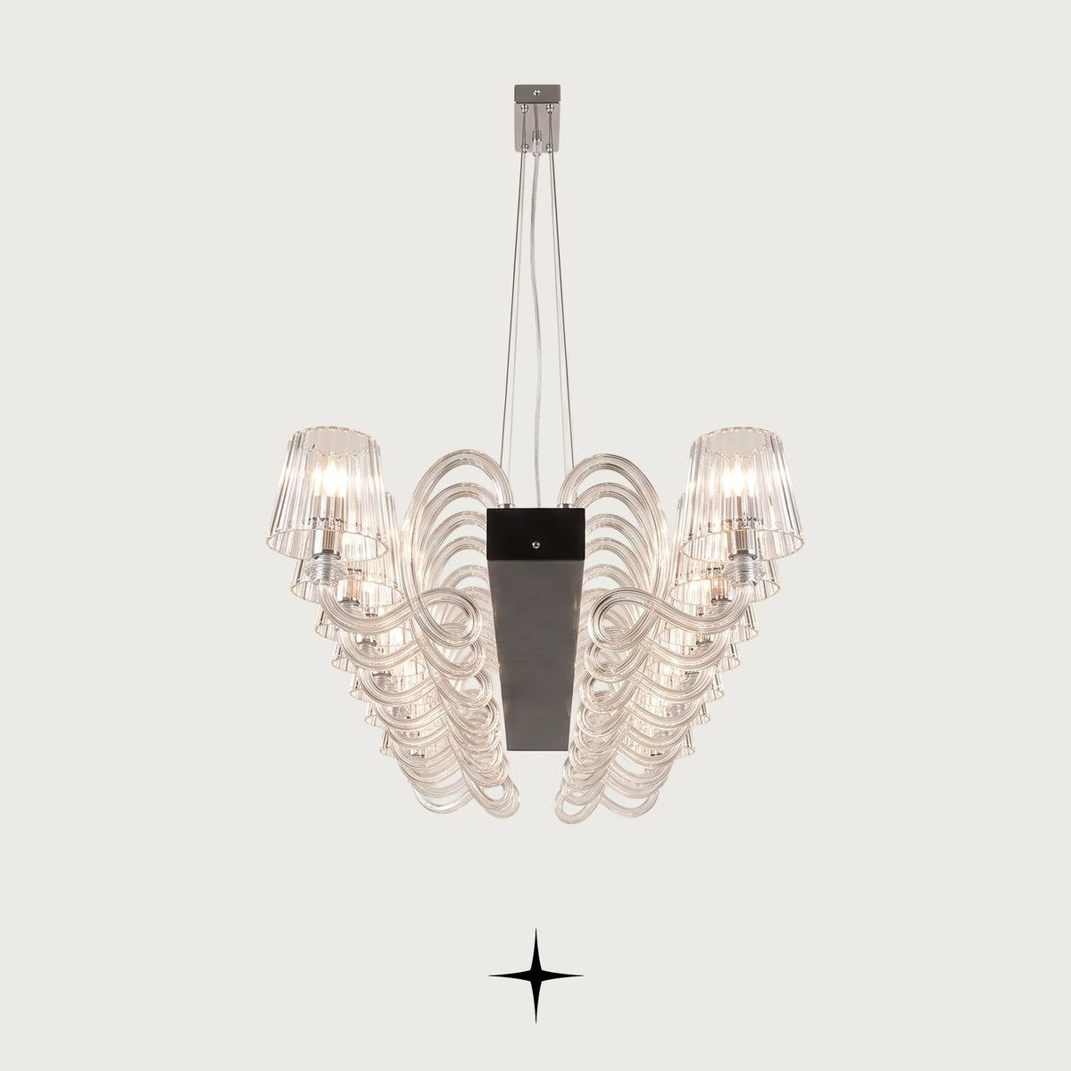 Linear Penelope chandelier featuring chic classic crystal headlamps with a contemporary twist
