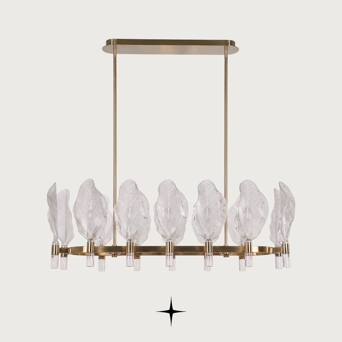 Linear Pristine chandelier featuring classic Murano-style leaves and a refined golden structure
