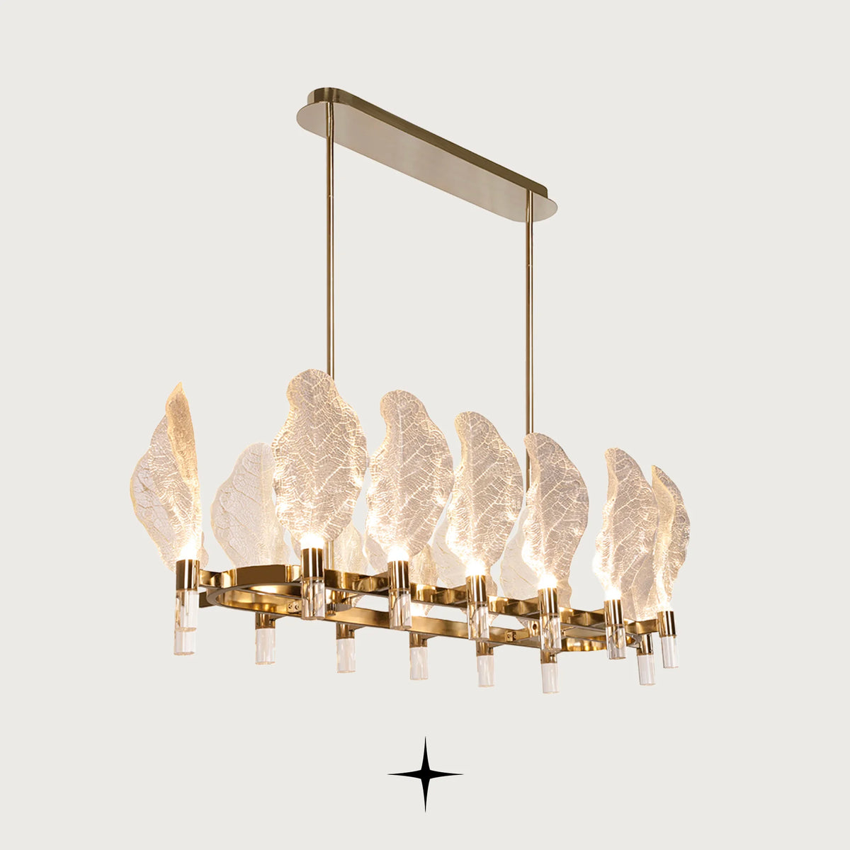 Linear Pristine chandelier featuring classic Murano-style leaves and a refined golden structure
