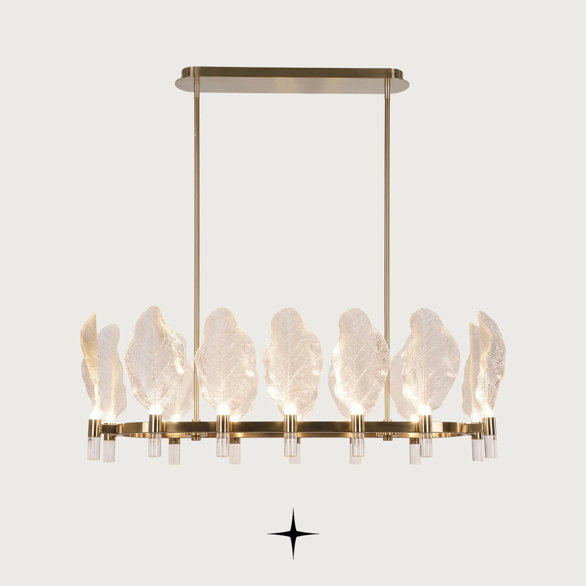 Linear Pristine chandelier featuring classic Murano-style leaves and a refined golden structure
