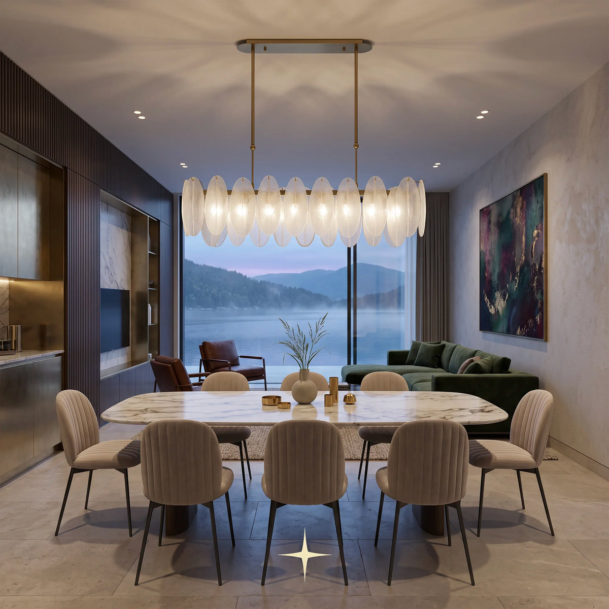 Linear Serene chandelier featuring oval crystals and a radiant golden structure